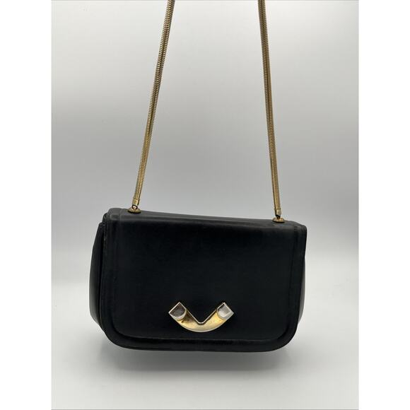 RARE Miss Lewis VINTAGE Over Shoulder Purse Black Art Deco Leather Gold Silver - Picture 9 of 10